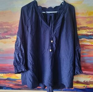 Democracy Blouson Sleeve Split V-Neck Braided Tie Front Top